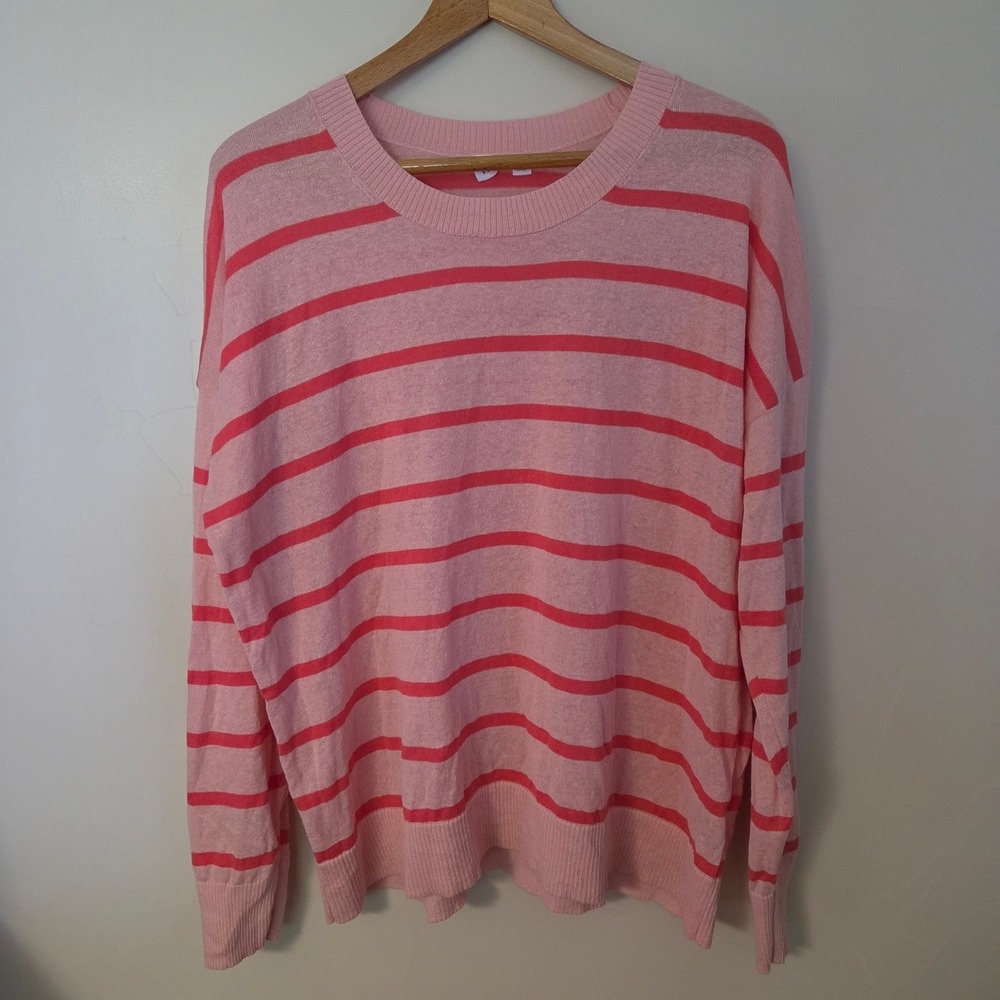 Gap Womens XL Pink Striped Linen Blend Crew Neck Sweater Coastal Nautical Preppy